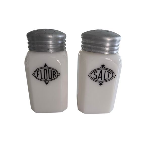 Hazel Atlas Milk Glass Condiment Set, Salt and Flour Dispensers - Picture 1 of 3
